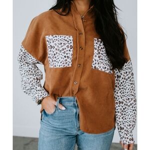 . Lauriebelles Long Sleeve Corduroy Camel & Leopard Print Shacket